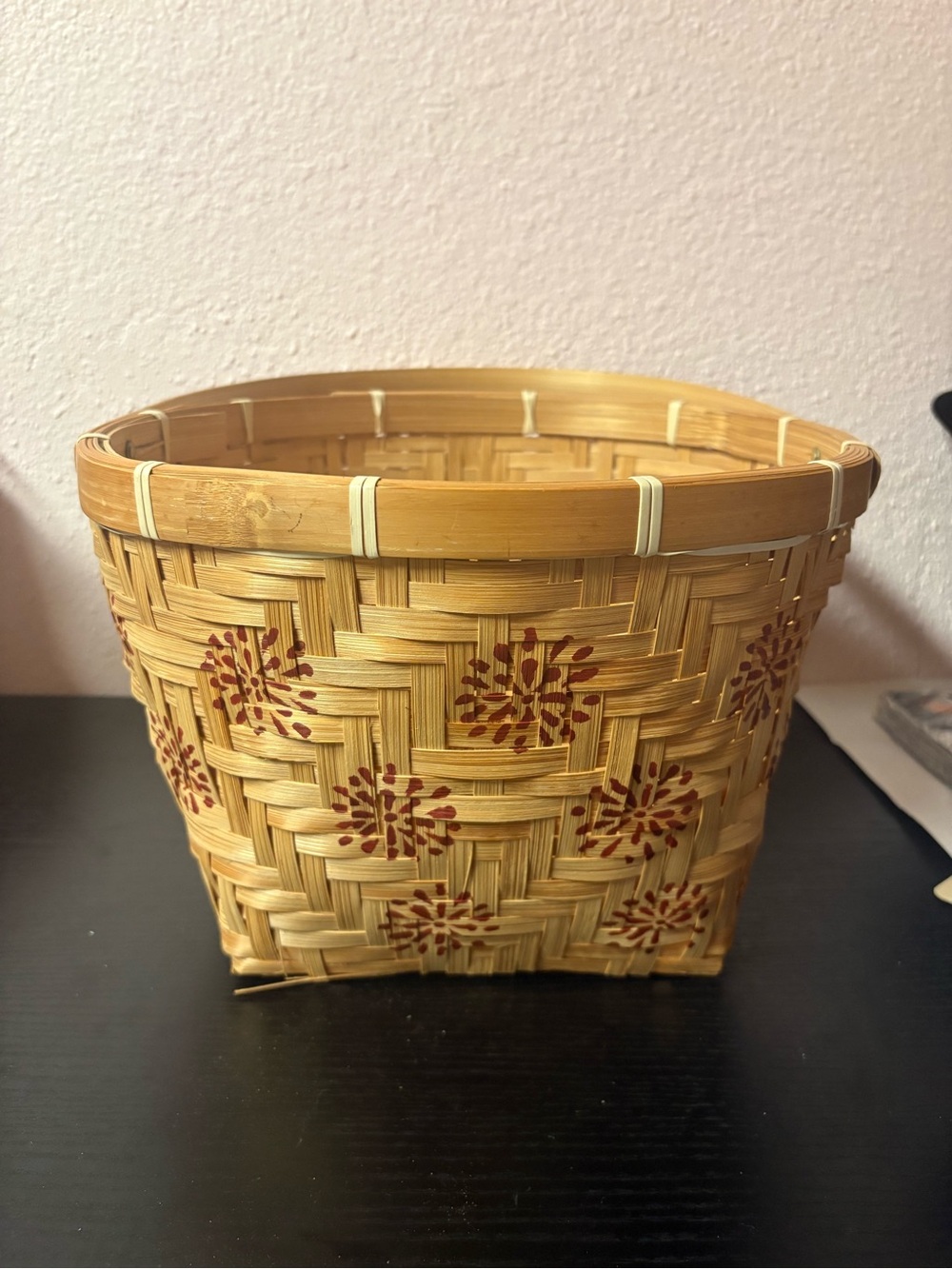 Woven Bamboo Basket Red Floral Handle Cottagecore Farmhouse Decor